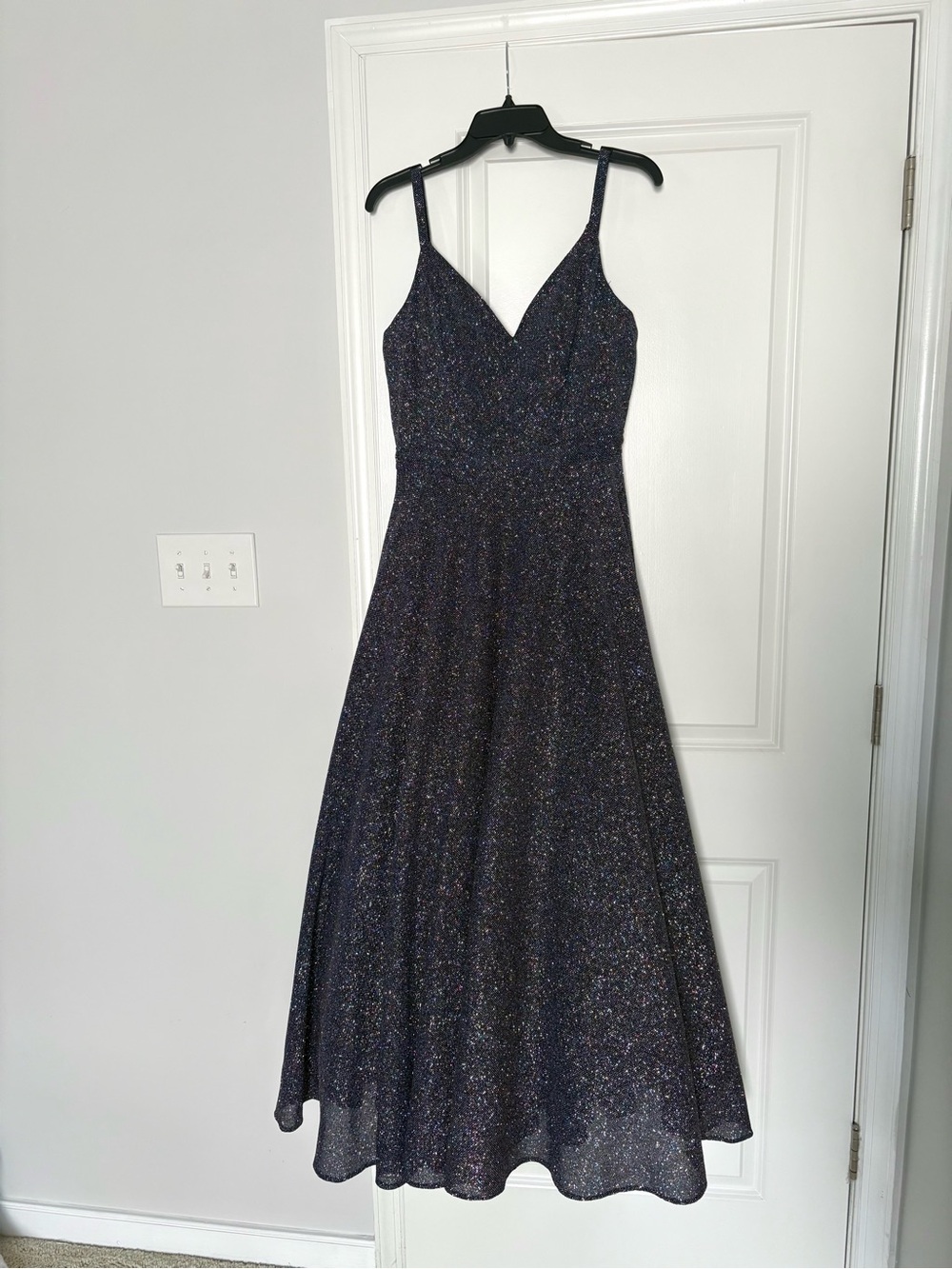 Temptations Navy Sparkle V-Neck A-Line Prom Dress